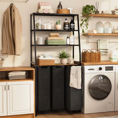 Laundry Hamper With Shelf, 3 Compartment Laundry Sorter | 4 Tier Open Shelves, Slide Out Removable Washable Bags, Farmhouse Industrial Storage For Laundry Room, Bathroom, Apartment