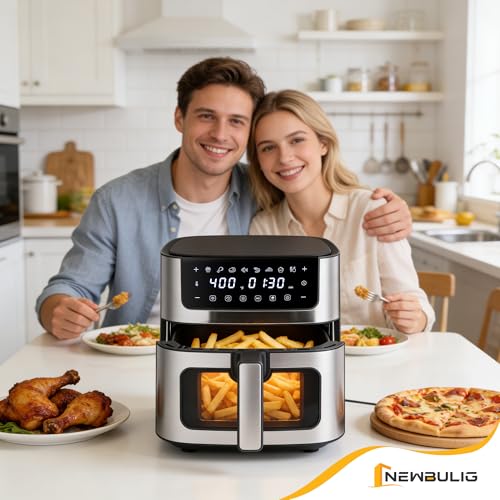 NEWBULIG Air Fryer 6.34QT, Airfryer with Visible Window, 400℉ Fast Heating Air Fryers Oven with Nonstick and Dishwasher-Safe Basket, 8-in-1 Cooking Preset, Timer,Auto-Off, Stainless Steel, Black