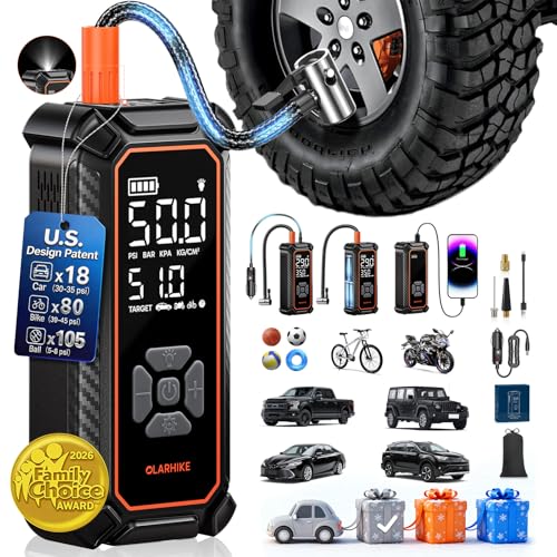 OlarHike Tire Inflator Portable Air Compressor, 150PSI Dual Power - 6000mAh & 12V DC, Cordless Air Pump for Car Tires, Bikes, Motorcycle, Balls with LED & Digital Pressure Gauge, Gift for Mom