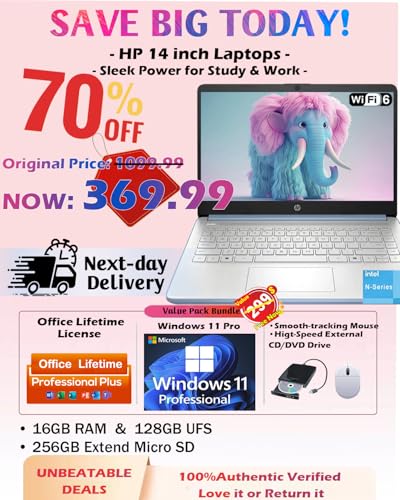 HP Business Student Laptop Computer - Windows 11 Pro & Microsoft Office Lifetime | 14 inch HD | AI-Powered, 12 Hr Batter N-Serious Laptop| 16GB RAM, 128GB UFS, 256GB Extend Micro SD | Blue