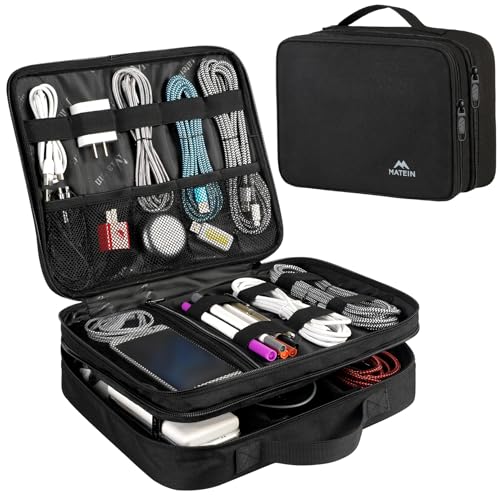 MATEIN Cable Organizer Bag, Large Travel Storage Bag Sturdy Tool Case with Handle for Phone Cord Electronics Accessories, Carrying Case for Tablet (Up to 12.9inch), Powerbank, Hard Drive, Black