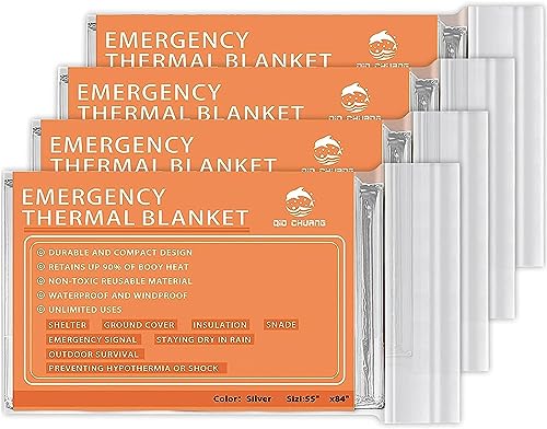 QIO CHUANG Emergency Mylar Thermal Blankets -Space Blanket Survival kit Camping Blanket (4-Pack). Perfect for Outdoors, Hiking, Survival, Bug Out Bag, Marathons or First Aid