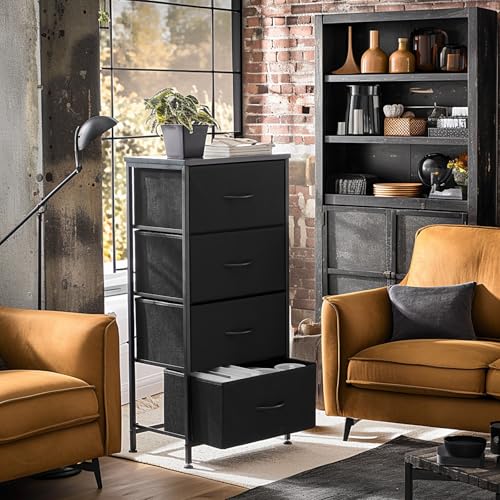 Sweetcrispy Nightstand Small Bedroom Dresser with 4 Fabric Drawers, Bed Side Furniture End Table, Wooden Top Cabinet Night Stand Dresser for Closet, Entryway, Dorm, Black
