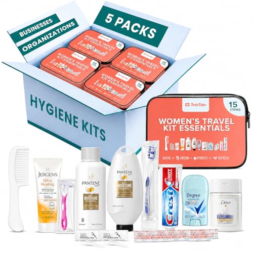TrekTote 5 Pack Women's Bulk Hygiene Kits – Premium Brand-Name Travel Size Toiletries, TSA Compliant, Pre-Assembled for Shelters, Schools & Giveaways