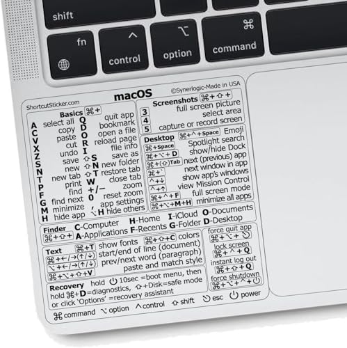 Synerlogic Mac OS Shortcuts Sticker for Air/Pro | Keyboard Stickers for macOS | Laminated Vinyl MacBook Cheatsheet | MacBook Shortcuts 2026 (Clear/Black)