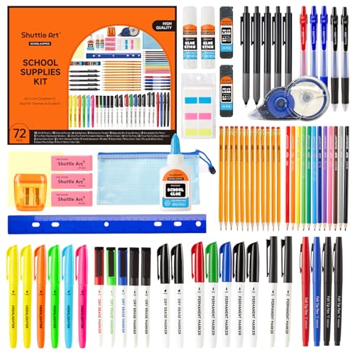 Shuttle Art 71 Pack School Supplies Kit, Back to School Supplies for Teachers, Middle High Schools, College School Supply with Highlighters, Pencils, Gel Pens, Dry Erase Markers, Felt Tip Pens, Glue