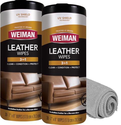 Weiman Leather Cleaner & Conditioner - Cleans, Restores & Protects Leather, UV Protection Prevent Cracking & Fading, For Car Seats, Sofas, Shoes, Bags & All Finished Leather Surfaces, 2 Pack, 60 Wipes