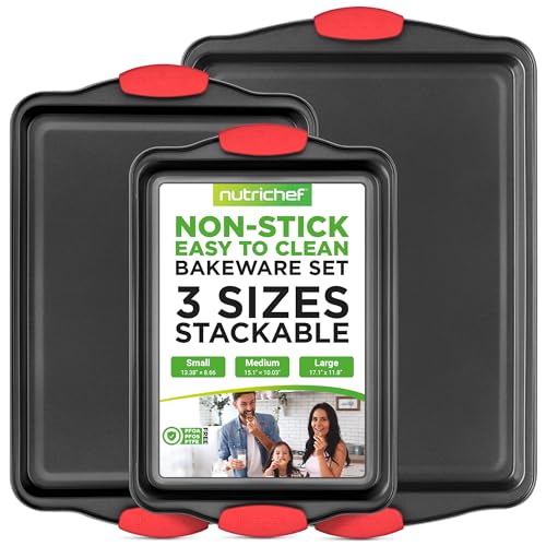 NutriChef 3‑Piece Nonstick Cookie Sheets – Carbon Steel Baking Sheet Set with Non Stick Coating & Red Silicone Handles – Oven Pans for Family Baking