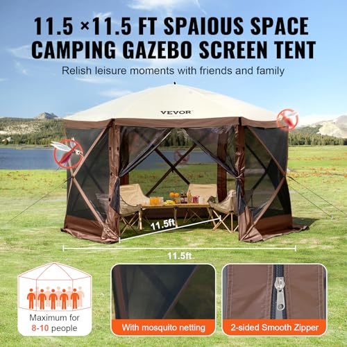 VEVOR Pop Up Gazebo Screen Tent 6 Sided Canopy Sun Shelter with 6 Removable Privacy Wind Cloths & Mesh Windows, 11.5x11.5FT Quick Set Screen Tent with Mosquito Netting, Brown