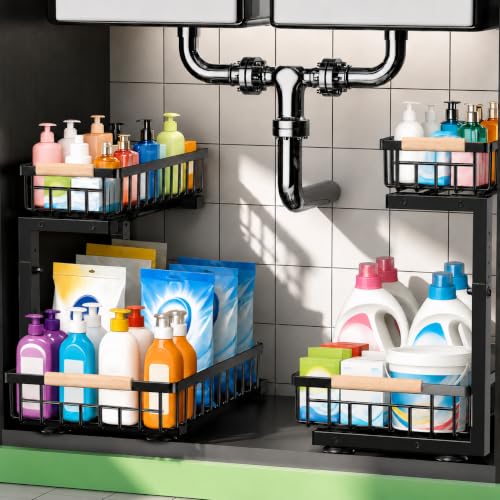 GeeBom Under Sink Organizer, Pull Out Kitchen Storage Cabinet Organizer, Adjustable 2-Tier Metal Slide Out Shelf Organizer for Bathroom Laundry Kitchen Storage with Sliding Drawers, Black, 2 Pack