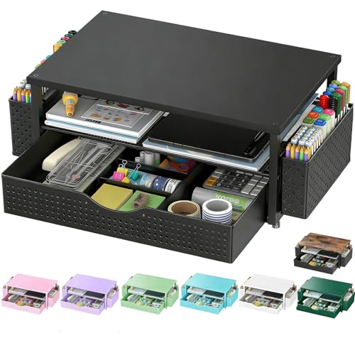 Spacrea Desk Organizer and Accessories, Computer Monitor Stand Riser with Drawer and 2 Pen Holders, Office Desk Accessories & Workspace Organizers for Office Supplies (Black)