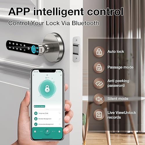 Fingerprint Door Lock-Smart Door knob,biometric Door Lock,with passcode keypad keyless Entry Door Handle,for Bedroom Home Hotel Office Apartment (Silver with APP)