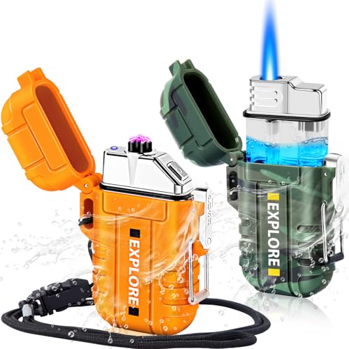 LcFun 2 Pack Waterproof Outdoor Lighter Windproof Torch Lighters Butane Refillable USB Rechargeable Electric Dual Arc Plasma Lighter Hiking Camping Essentials Hunting Gear for Dad