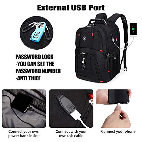 SHRRADOO Extra Large 52L Travel Laptop Backpack with USB Charging Port, College Backpack Airline Approved Business Work Bag Fit 17 Inch Laptops for Men Women,Black