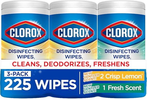 Clorox Disinfecting Wipes for Allergy Season, Bleach-Free, Multi-Surface Cleaner, Antibacterial, Fresh Scent & Crisp Lemon, 75 Count Each, Pack of 3