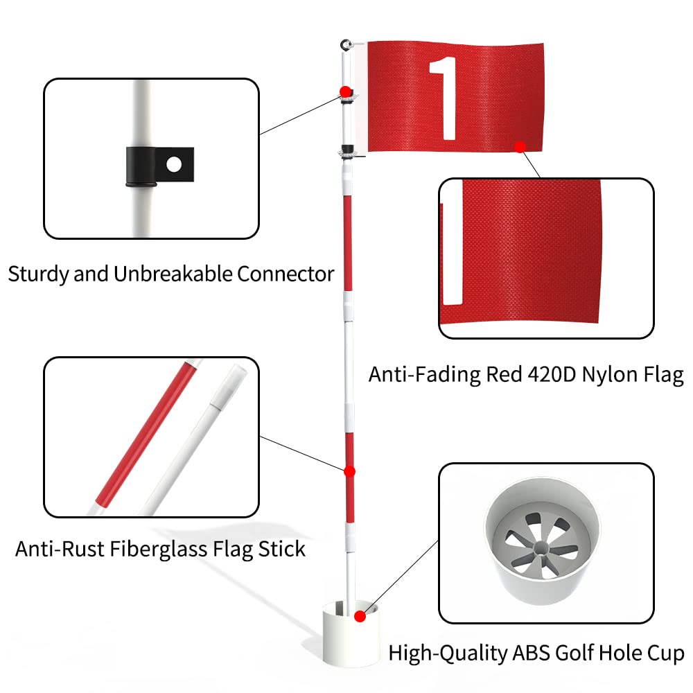 THIODOON Golf Flagstick 6ft Golf Flag and Cup for Yard Pro Detachable Golf Hole Cup and Flag for Driving Range Backyard Upgrade Anti-Rust Glass Fiber 5-Section Design with Connectors
