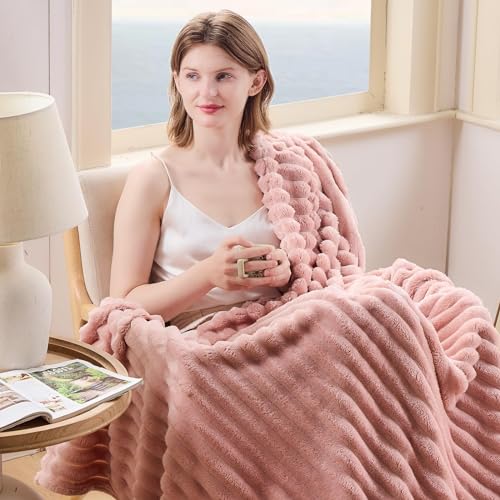 NEWCOSPLAY Super Soft Throw Blanket Pink Premium Silky Flannel Fleece 3D Ribbed Jacquard Lightweight Bed Blanket All Season Use (Pink Ribbed, Throw(50"x60"))