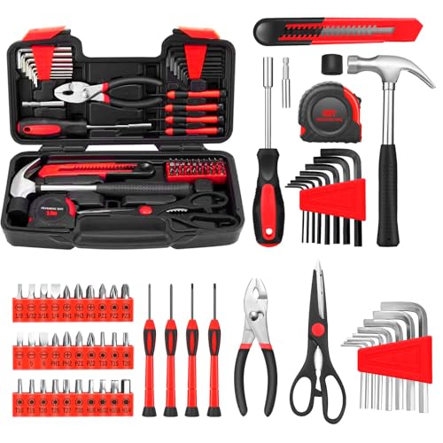 GETFOO 58-Piece Household Tool Set, Home Tool Kit with Storage Case, Red