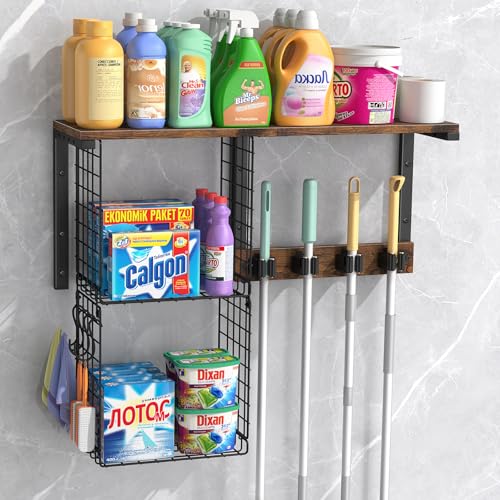 Housolution Broom Holder Wall Mount with Cleaning Supplies Organizer, 100 LBS High Load-Bearing Laundry Room Storage Shelves, Multifunctional Mop Hanger Rack with 2 Baskets, 4 Grippers & Hooks