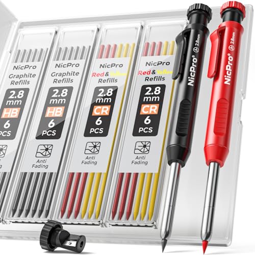 Nicpro Carpenter Pencil with Sharpener, Mechanical Pencil Set with 26Refill