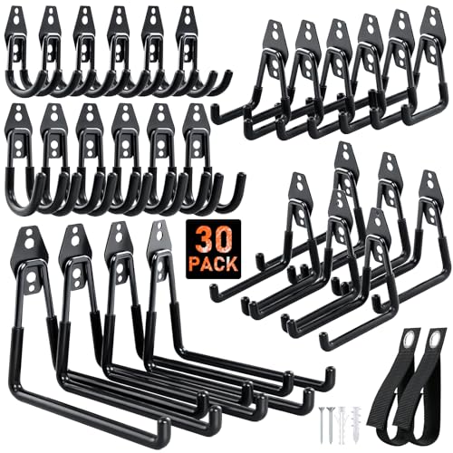 Housolution Steel Garage Hooks - 30Pack Anti-Slip Coating, Black | Wall Mount Hooks for Bikes, Garden Tools, Ladders, Hose, Bulk Items Ropes, Garage Tool Organizer with Extension Cord Wrap