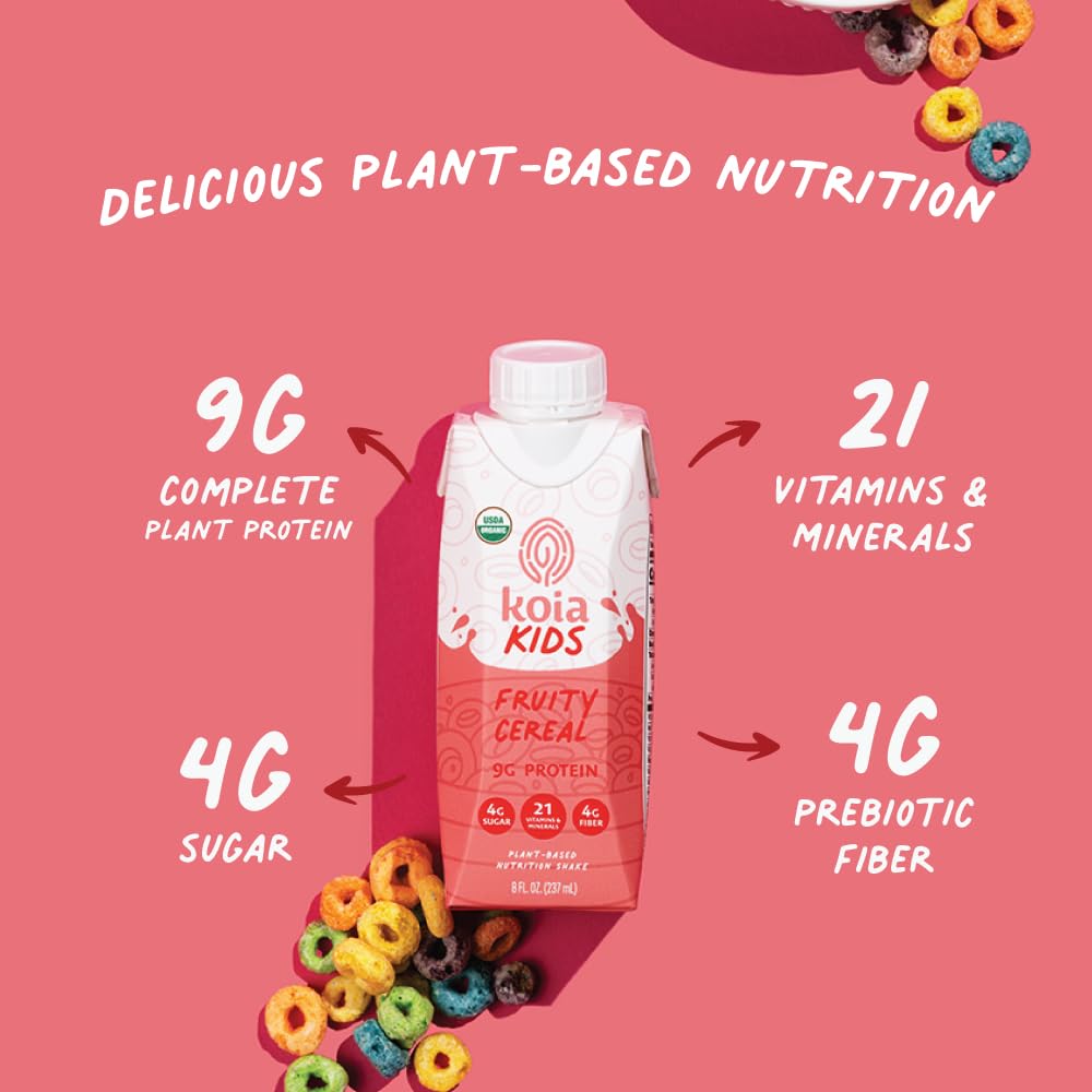 Koia Kids Plant Based Protein Shake, Fruity Cereal, Ready to Drink, 9g Protein, 4g Low Sugar, 4g Fiber, 21 Vitamins & Minerals, Dairy-Free, Allergen-Free, Organic, Non-GMO, 8 Fl Oz (Pack of 12)