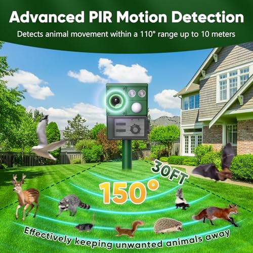 Solar Ultrasound Animal Repellent Outdoor, Deer Repellent Devices Skunk Repellent with Motion Detector & Flashing Light, Waterproof Raccoon Repeller, Cat Squirrel Rabbit Rat Repeller for Yard (Green)