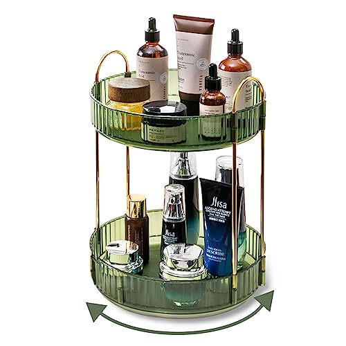 Asayuee 360 Rotating Makeup Organizer for Vanity, 2 Tier Large Capacity Skincare Organizers, Bathroom Counter Organizer, Spinning Perfume Organizer and Vanity Organizer (Green-2 Tier)