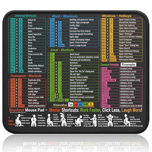 Kinevolve Mouse Pad for Excel/Word/PowerPoint/Windows Shortcuts – Small Excel Cheat Sheet Desk Pad – 11.8"x9.8" Portable Computer Mousepad – Gaming, Office, Waterproof, Non-Slip, Stitched Edges
