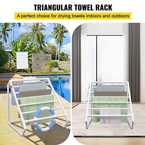 VEVOR Pool Towel Rack, 8 Bar, White, Freestanding Outdoor PVC Triangular Poolside Storage Organizer, Include 8 Towel Clips, Mesh Bag, Hook, Also Stores Floats and Paddles, for Beach, Swimming Pool