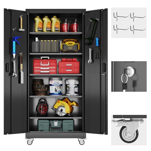 Reemoon 5 Adjustable 170 lb Shelves, Lockable Doors, Door pegboard and 4 Removable casters for Garage, Utility Storage.
