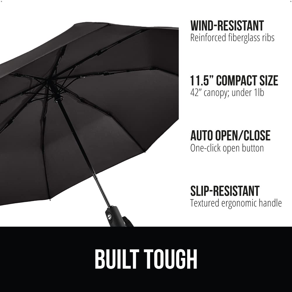 Gorilla Grip Windproof Compact Stick Umbrella for Rain, Travel One-Click Automatic Open and Close, Lightweight, Portable, Strong Reinforced Fiberglass Ribs, Easily Collapsible, Black