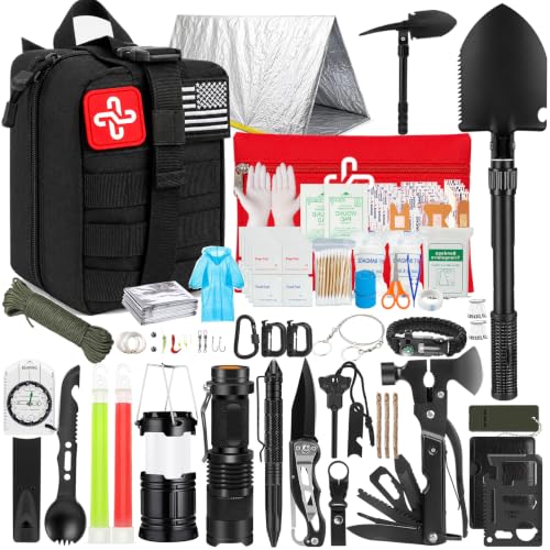 Survival Kit, 250Pcs Survival Gear First Aid Kit with Molle System Compatible Bag and Emergency Tent, Emergency Kit for Earthquake, Outdoor Adventure, Hiking, Hunting, Gifts for Men Women (A-Deep Black)