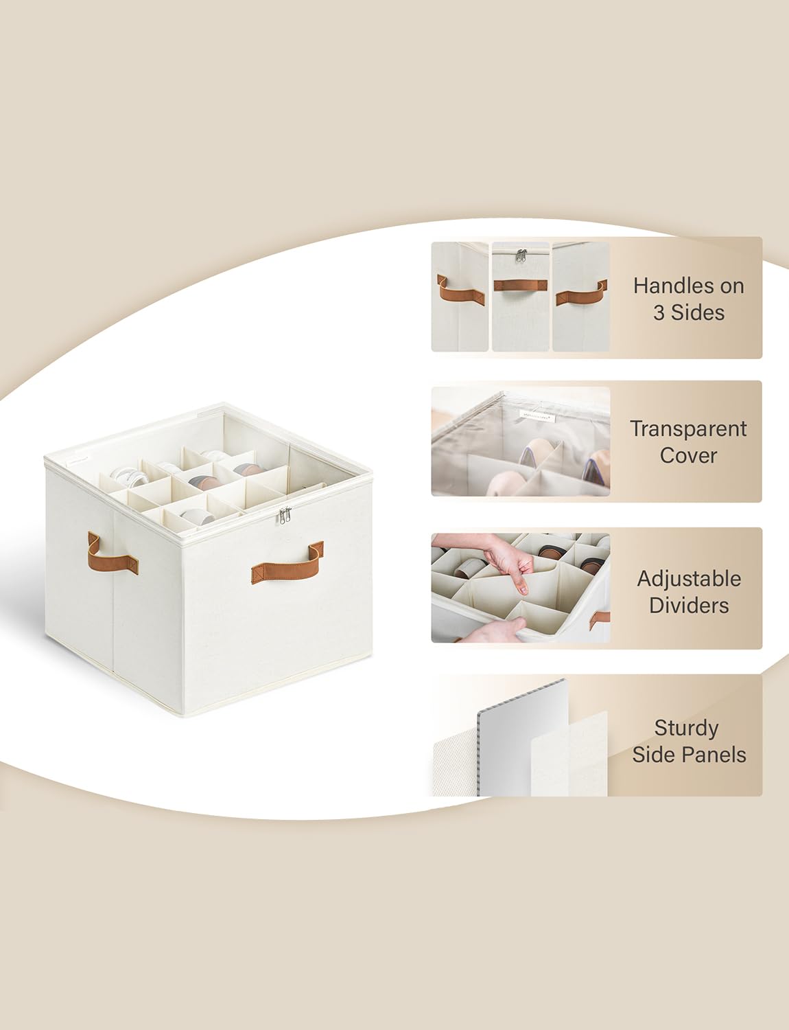 StorageWorks Shoe Organizer for Closet, Fits up to 16 Pairs, Shoe Cubby Storage Containers with Adjustable Dividers and Clear Cover, Beige