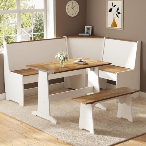 LUXOAK 3-Piece Corner Dining Set with Hidden Storage, White & Barnwood