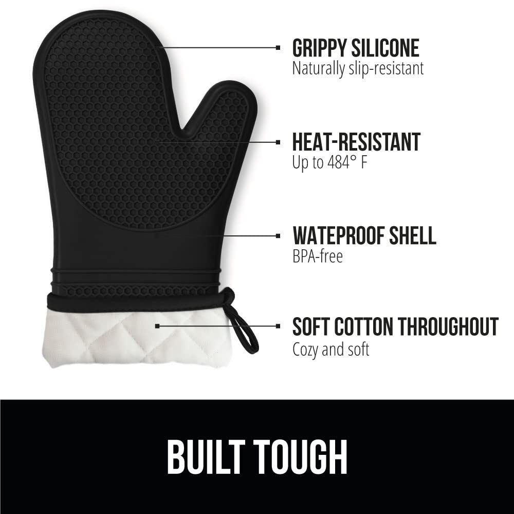 Gorilla Grip BPA-Free Soft Silicone Oven Mitts, Heat and Slip Resistant Thick Cotton Lined Cooking Mitt Set, Long Flexible Potholders Protect Hands, Kitchen Essential Waterproof Gloves, 12.5" Black