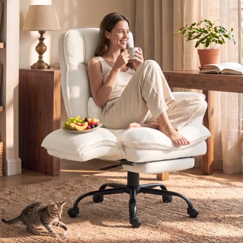Wider Seat Office Chair with Flip Armrests for Criss Cross Legged & Cats, Big and Tall Executive Ergonomic Reclining Chair with Footrest & Lumbar Pillow, Teddy Fleece Desk Chair, White Vanity Chair