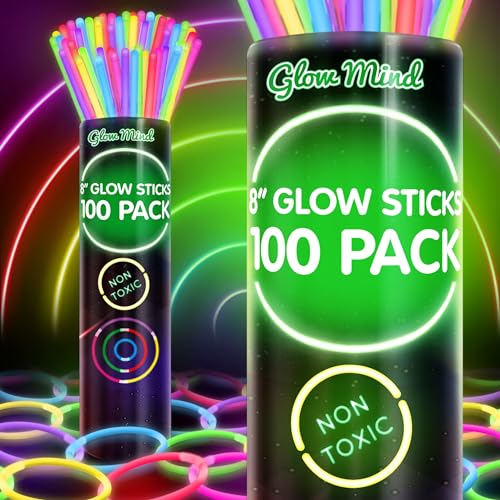 100 Glow Sticks Bulk Party Pack, 8" Halloween Glow Bracelets and Necklaces | Ultra bright neon glow in the dark party supplies with connectors for kids, camping, pool parties and weddings