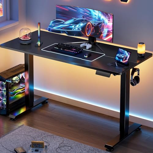 Veken 55 Inch Height Adjustable Sit Stand Up Wood Desktop Work Home Office Computer PC Table Tall Standup Workstation Gaming Writing Study Bedroom Rising Desks Black