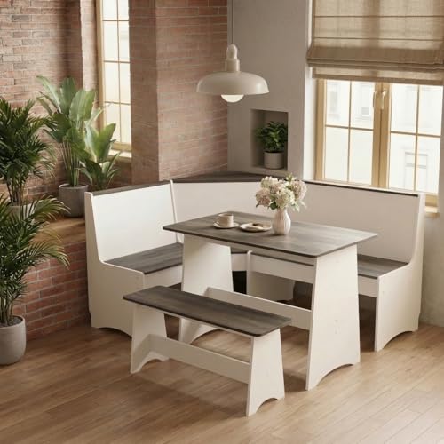 THE CARY C Farmhouse Breakfast Nook Table Set, Dining Nook Set with Corner Bench,with Storage Function Mid Century Modern Small Dining Table Set, Kitchen Table Corner Set (Gray + White)