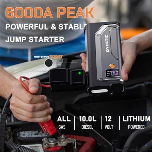 Dyeetic 6000A Jump Starter, 12V Portable Car Jump Starter Battery Pack (All Gas and 10.0L Diesel Engines), 26800mAh Lithium Jump Box with Booster, LED Light, Jumper Cable