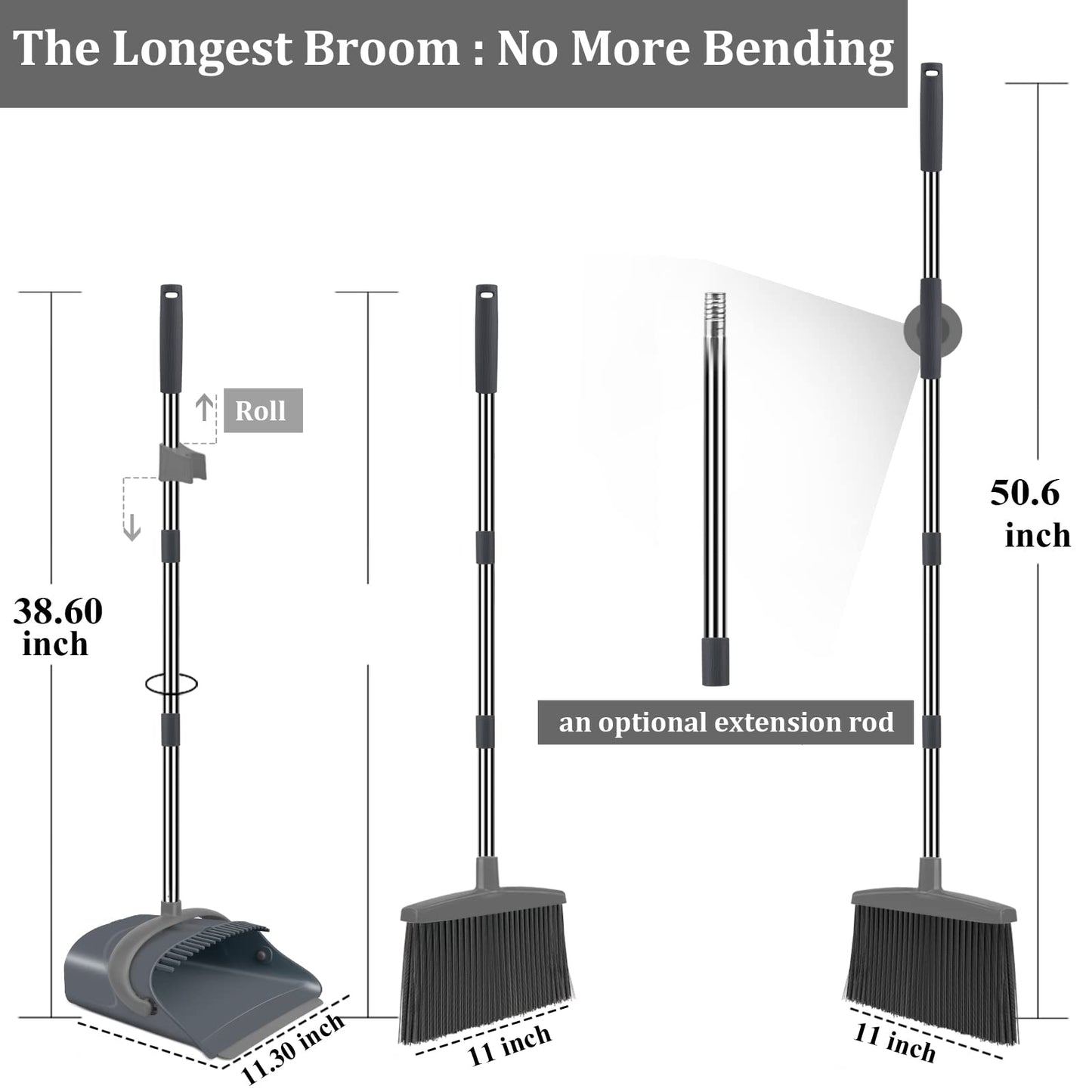 Broom and Dustpan Set, Broom Dust pan, Dustpan with Long Handle, Broom with Dustpan Combo Set, Broom and Dustpan Set for Home, Broom with Dustpan Indoor or Outdoor Broom(Deep Gray&Light Gray)