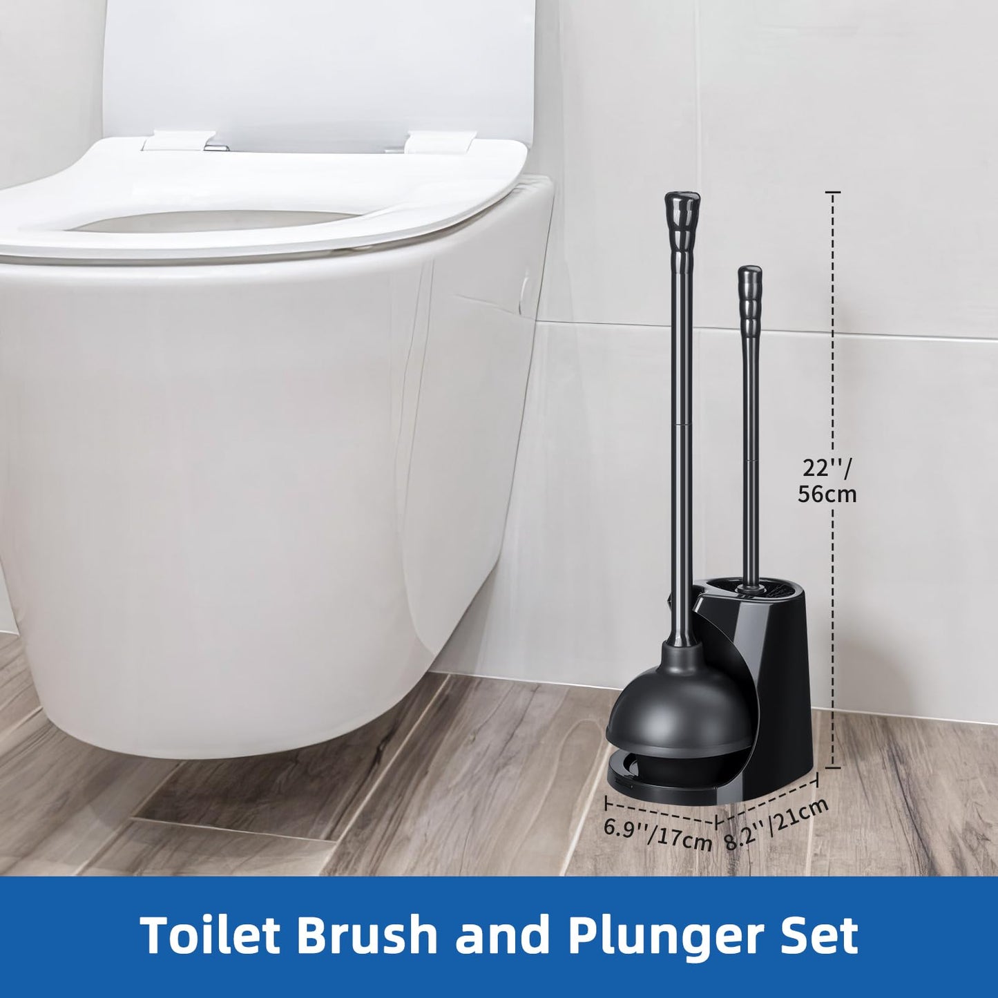 Qaestfy Toilet Plunger and Brush Set for Bathroom Cleaning, 2-in-1 Long Handle Toilet Bowl Brush with Stiff Bristles & Powerful Plunger, Space-Saving Holder (Pack of 2)
