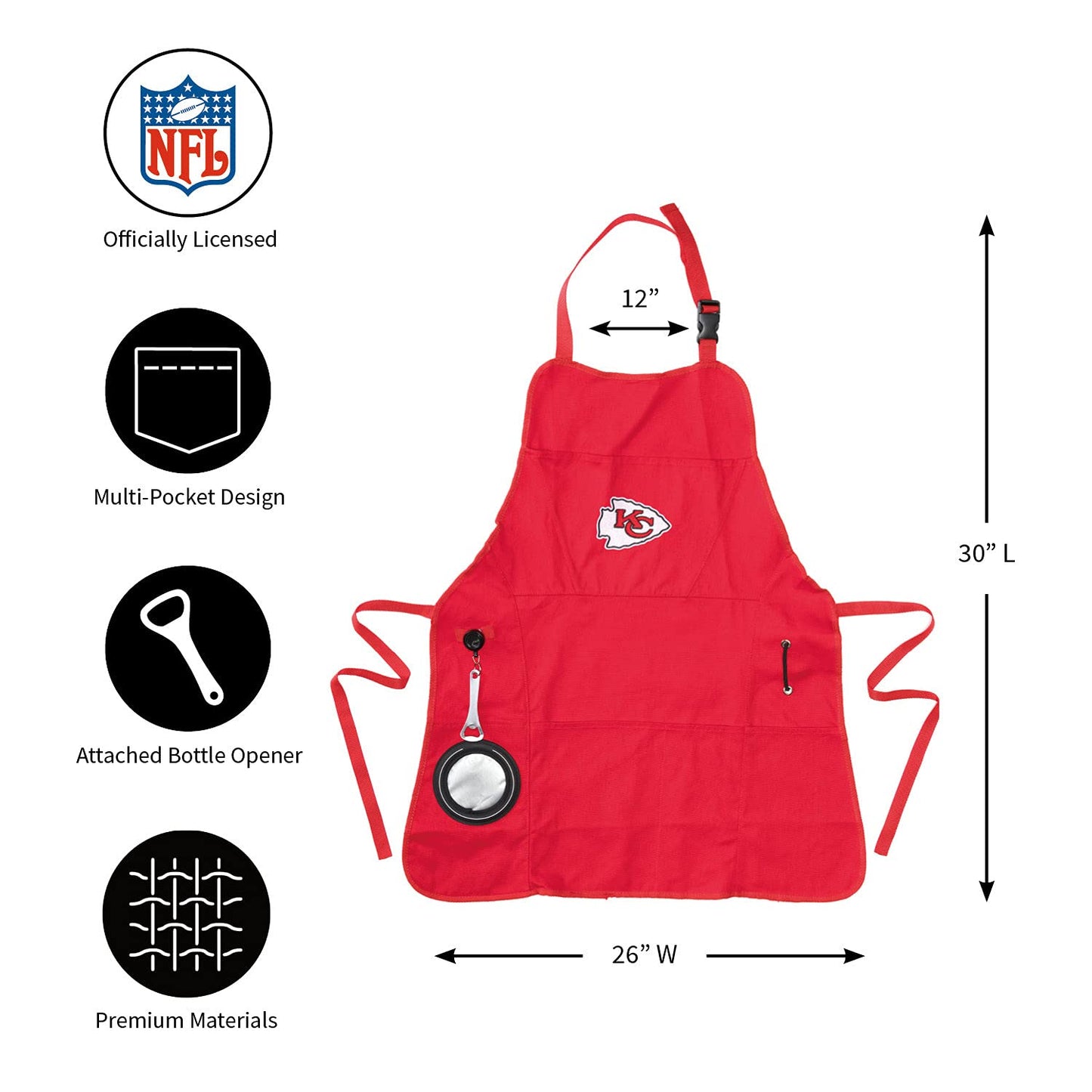 Team Sports America NFL Kansas City Chiefs Ultimate Grilling Apron | Bottle Opener and Insulated Beverage Holder | Heavy Duty Durable Cotton Canvas 300 GSM | Machine Washable | Adjustable Straps