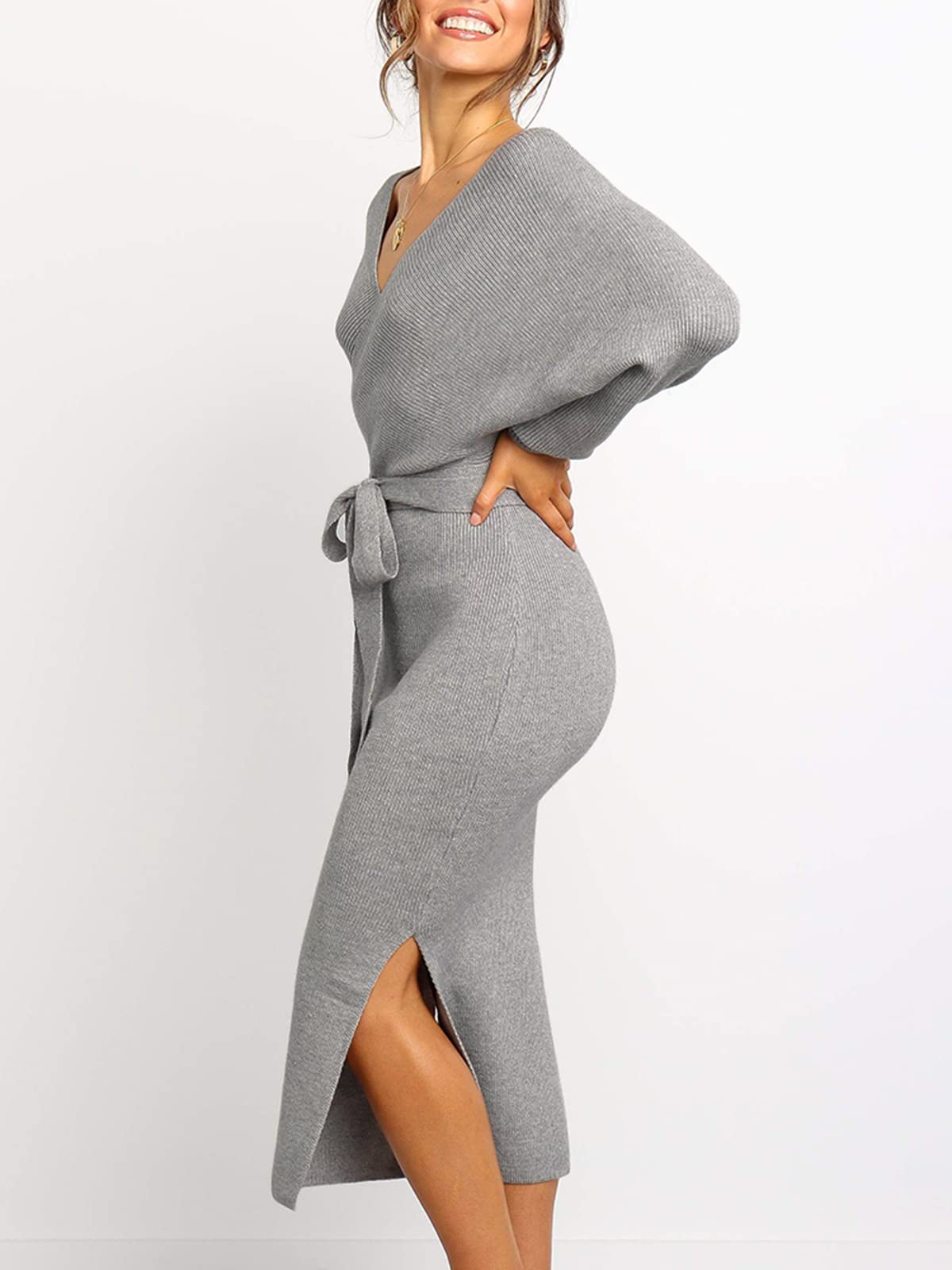Chang Yun Women's Long Maxi Sweater Dresses Sexy Wrap Batwing V Neck Slit Open Back Holiday Bodycon Dress with Belt