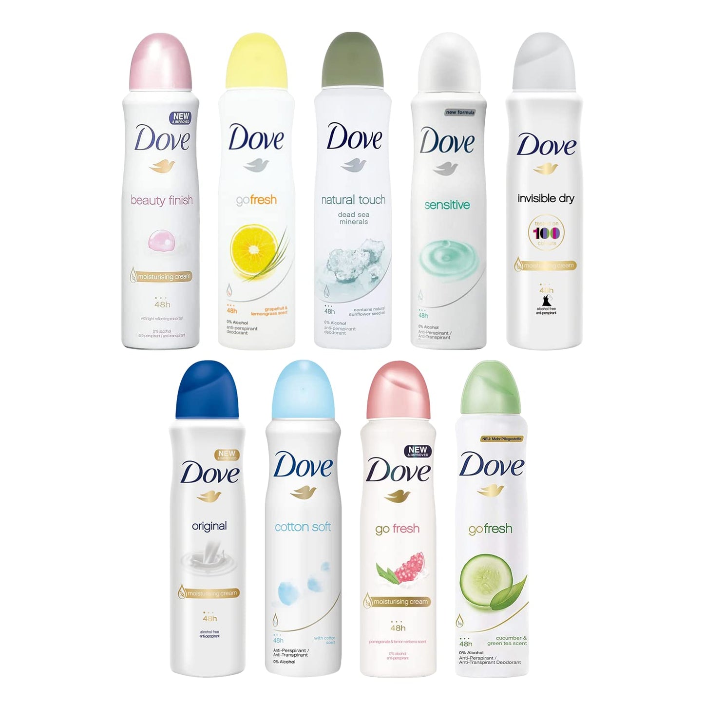 Dove Antiperspirant Spray, International Version, 150 ml (Pack of 10) - Mixed within available scents, no more than 2 products of the same scent