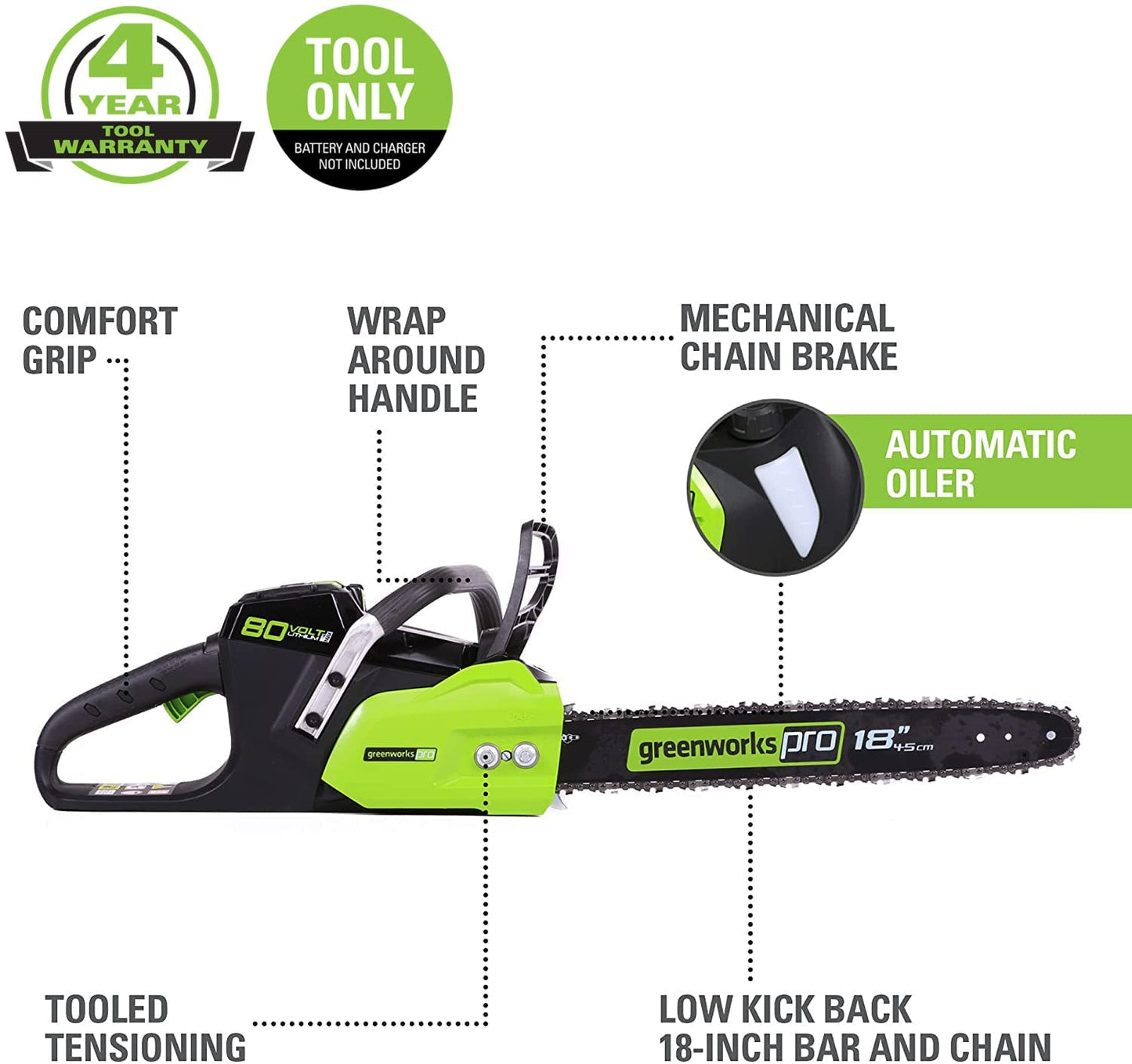 Greenworks 80V 18" Brushless Cordless Chainsaw (Great for Tree Felling, Limbing, Pruning, and Firewood) / 75+ Compatible Tools), Tool Only - Battery & Charger Not Included