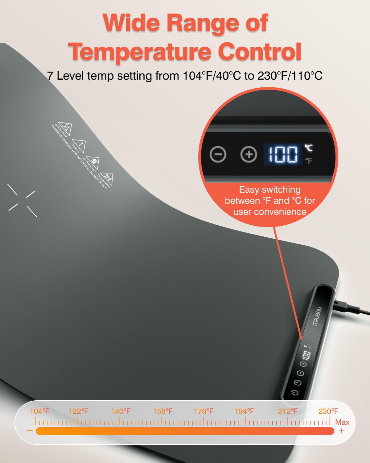 Food Warming Mat, iTRUSOU Silicone Electric Warming Tray with 7 Temp-Settings, 1-8Hr Auto Shut-Off, Switchable Fahrenheit/Celsius, Upgrade Strap Keep Food Warm at Buffet, Party, Sabbath, Daily Use