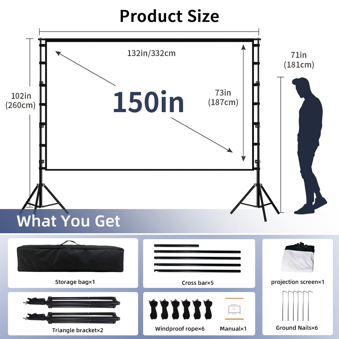 Projector Screen with Stand, Wootfairy 150 inch Portable and Foldable Projection Screen 4K HD 16:9 Rear Front Wrinkle-Free Movie Screen with Carry Bag for Indoor Outdoor Home Theater Backyard Cinema
