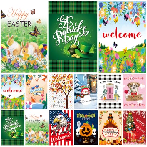 CDLionshidai Seasonal Garden Flags Set of 12, 12 x 18 Inch Double-Sided Yard Flags for Spring Summer Fall Winter and Holiday Decorations, Weather Resistant Outdoor Welcome Flag Set (No.1)
